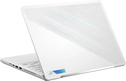 White gaming laptop with perforated lid and blue backlit keyboard, side ports visible