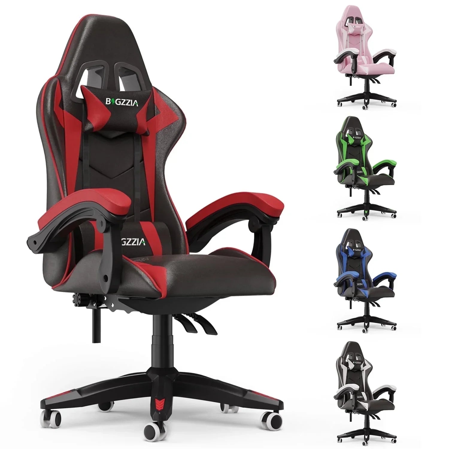 Black and red gaming chair with adjustable arms, shown in multiple color options for PC setup