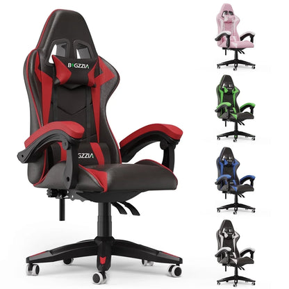 Black and red gaming chair with adjustable arms, shown in multiple color options for PC setup