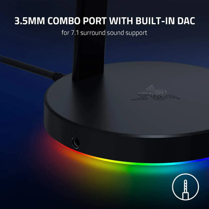 Gaming headset stand base with 3.5mm combo port, built-in DAC, and RGB lighting.