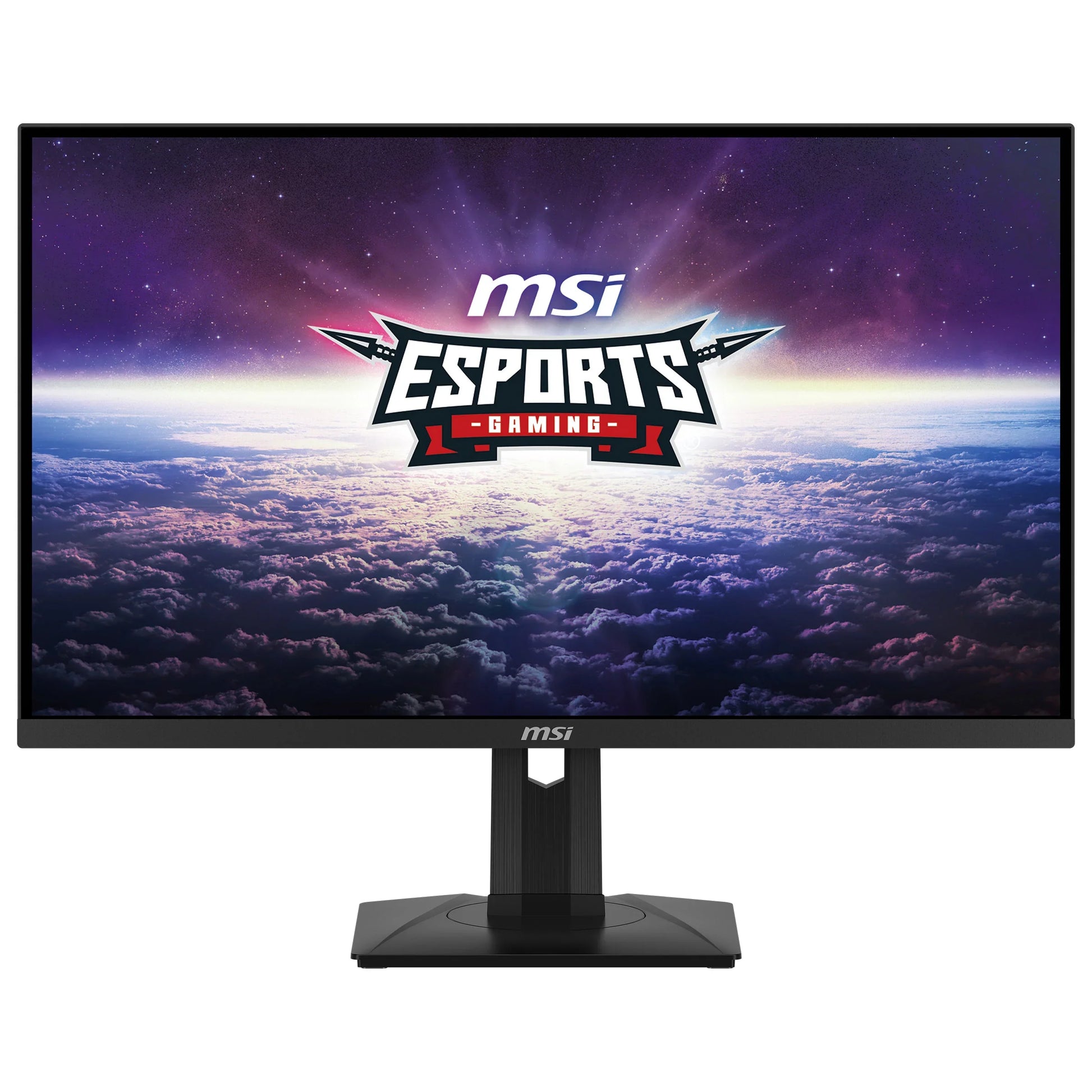 MSI gaming monitor displaying MSI esports logo with cosmic galaxy background