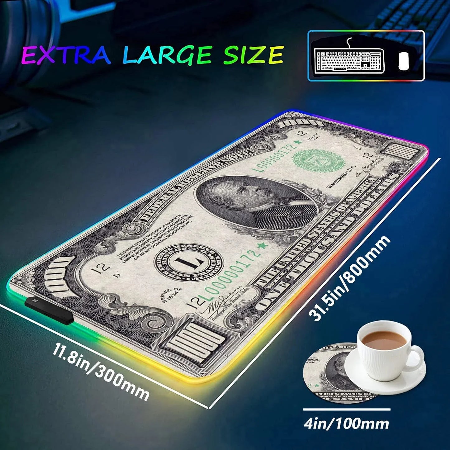 Extra large RGB gaming mouse pad and matching coaster featuring a vintage $1000 bill design with dimensions