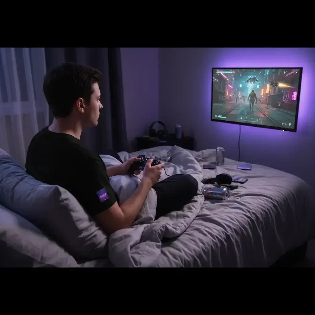 Young man playing video games on TV in dimly lit bedroom with gaming controller and messy bed