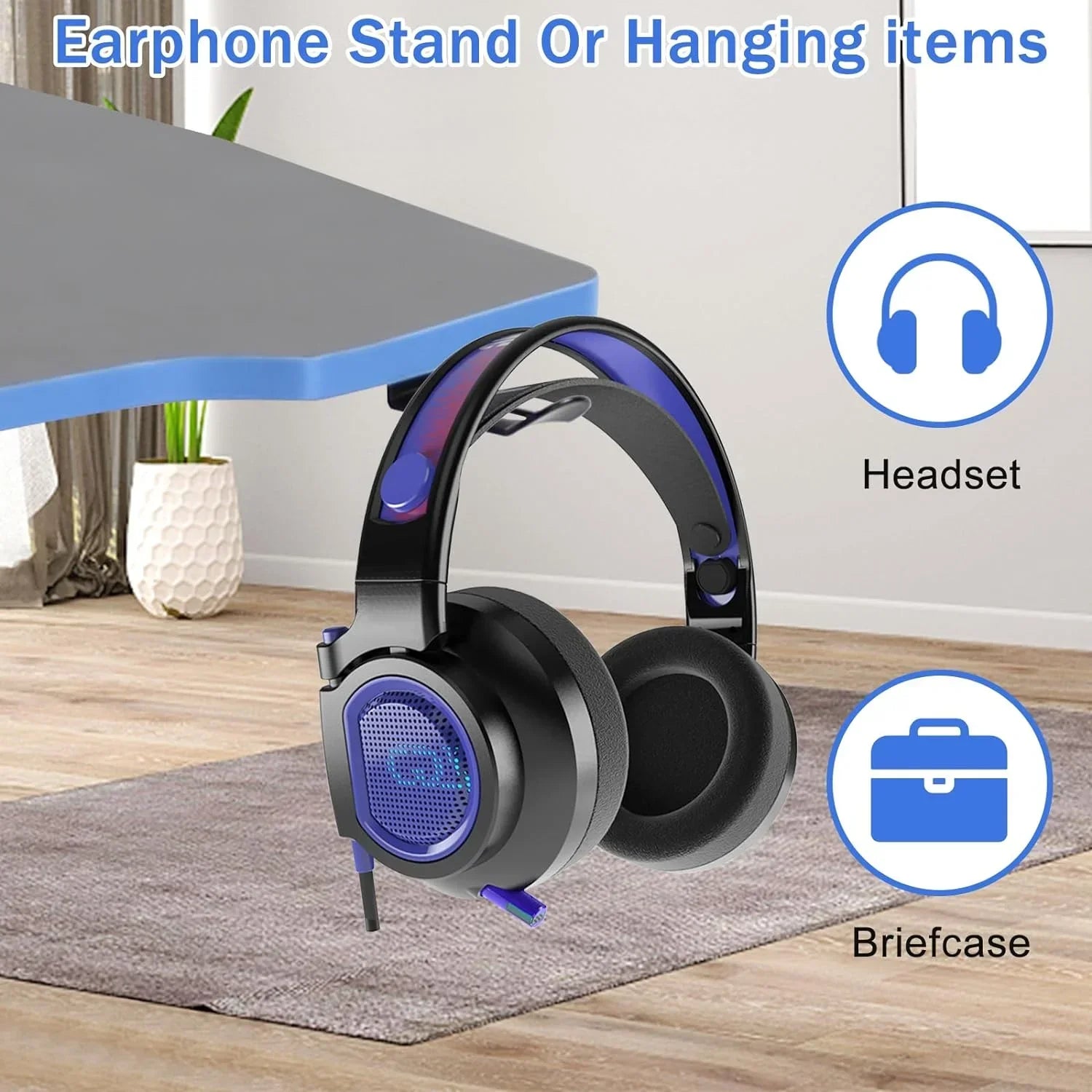 Black and blue gaming headset hanging from desk edge in modern room with icons for headset and briefcase