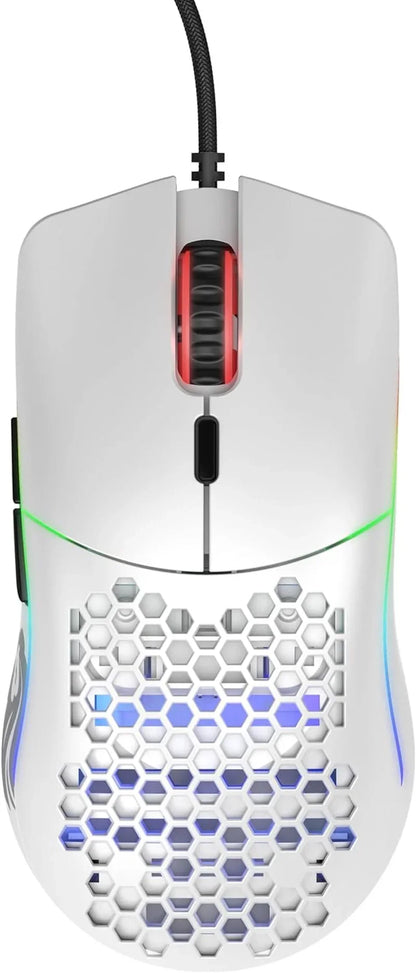 White honeycomb shell gaming mouse with RGB lighting and red illuminated scroll wheel