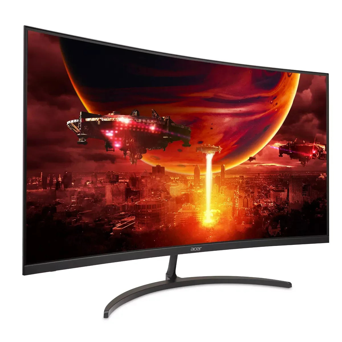 Curved Acer gaming monitor displaying a sci-fi cityscape with large planet and spaceships firing beams