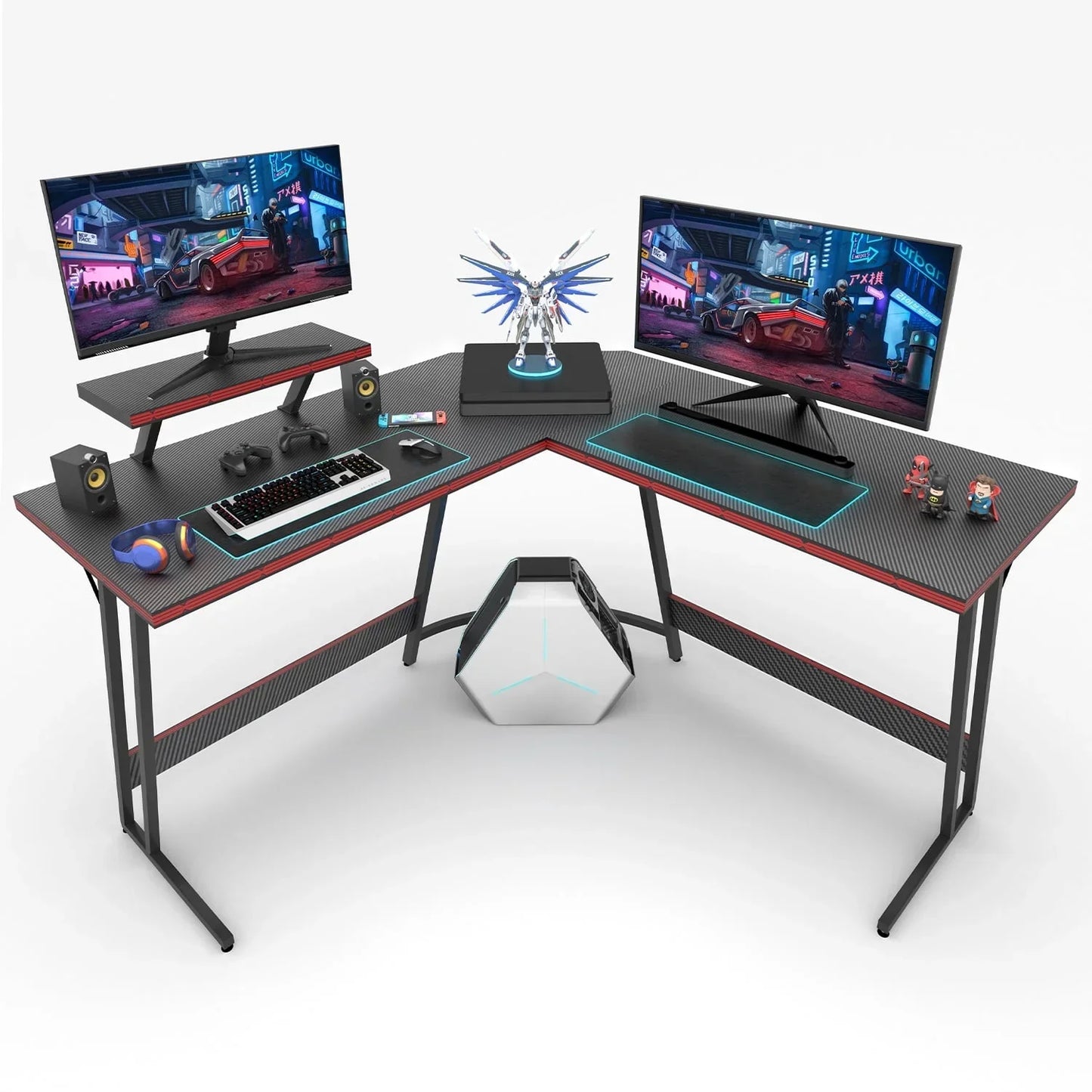 L-shaped carbon fiber gaming desk with dual monitors, keyboard, gaming controller, headphones, and desktop PC