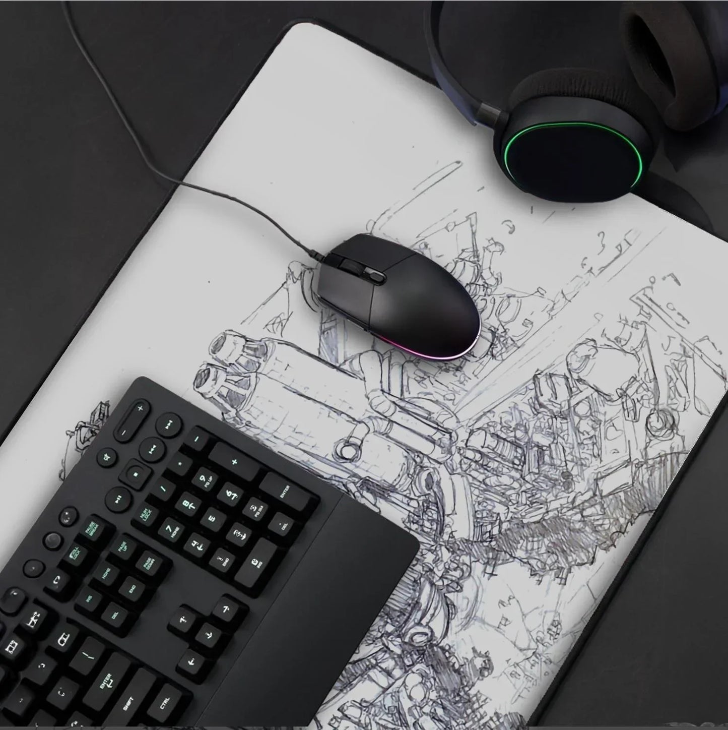 Black gaming keyboard, wired mouse with RGB light, and headset on sci-fi robotic sketch mousepad