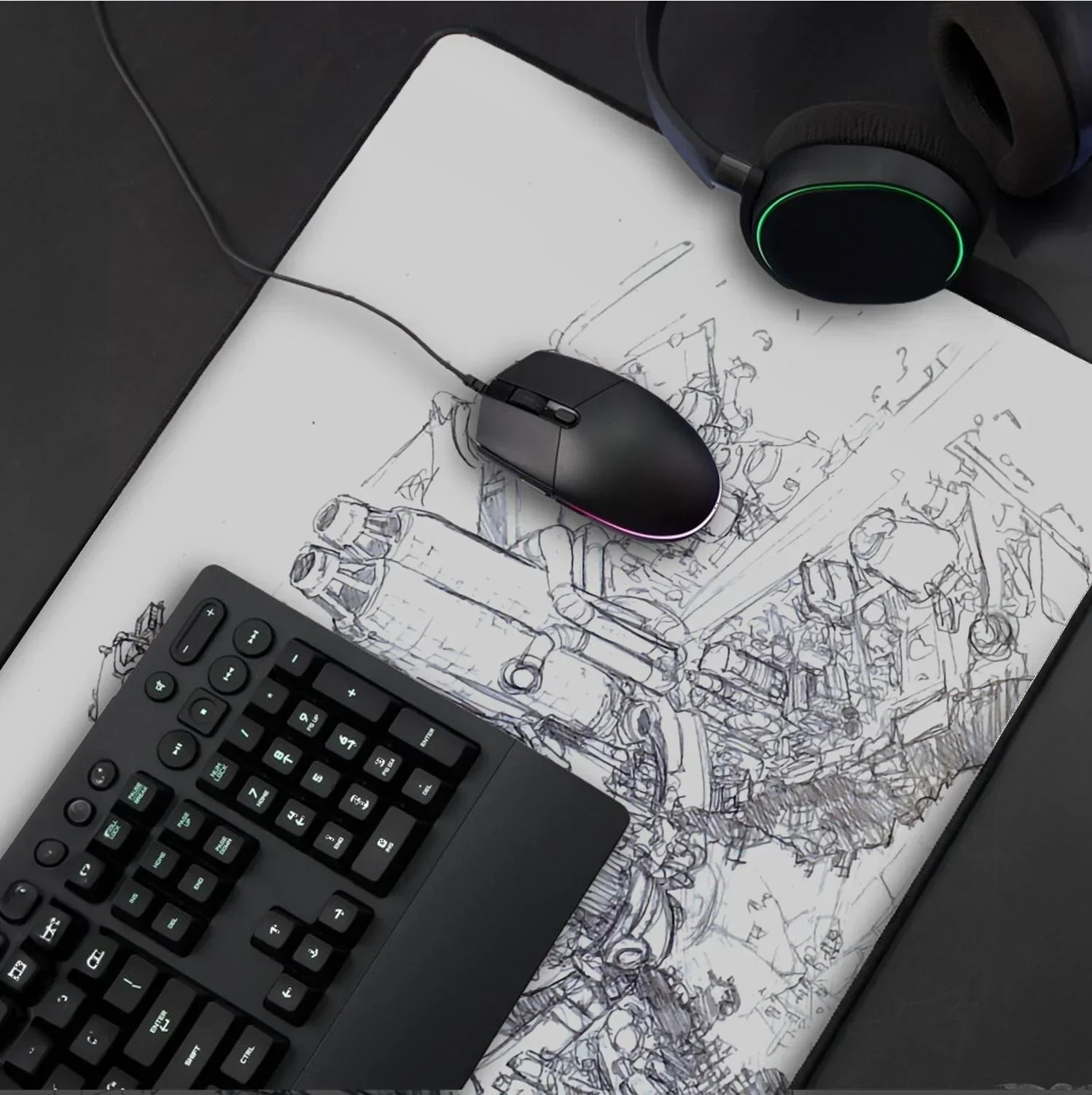 Black gaming keyboard, wired mouse with RGB light, and headset on sci-fi robotic sketch mousepad