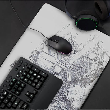 Black gaming keyboard, wired mouse with RGB light, and headset on sci-fi robotic sketch mousepad