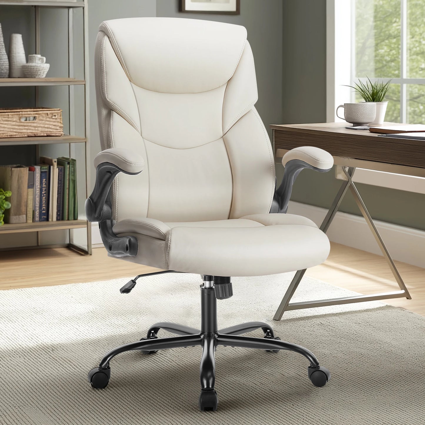 Cream ergonomic office chair with adjustable armrests and black base, ideal for gaming or work setup