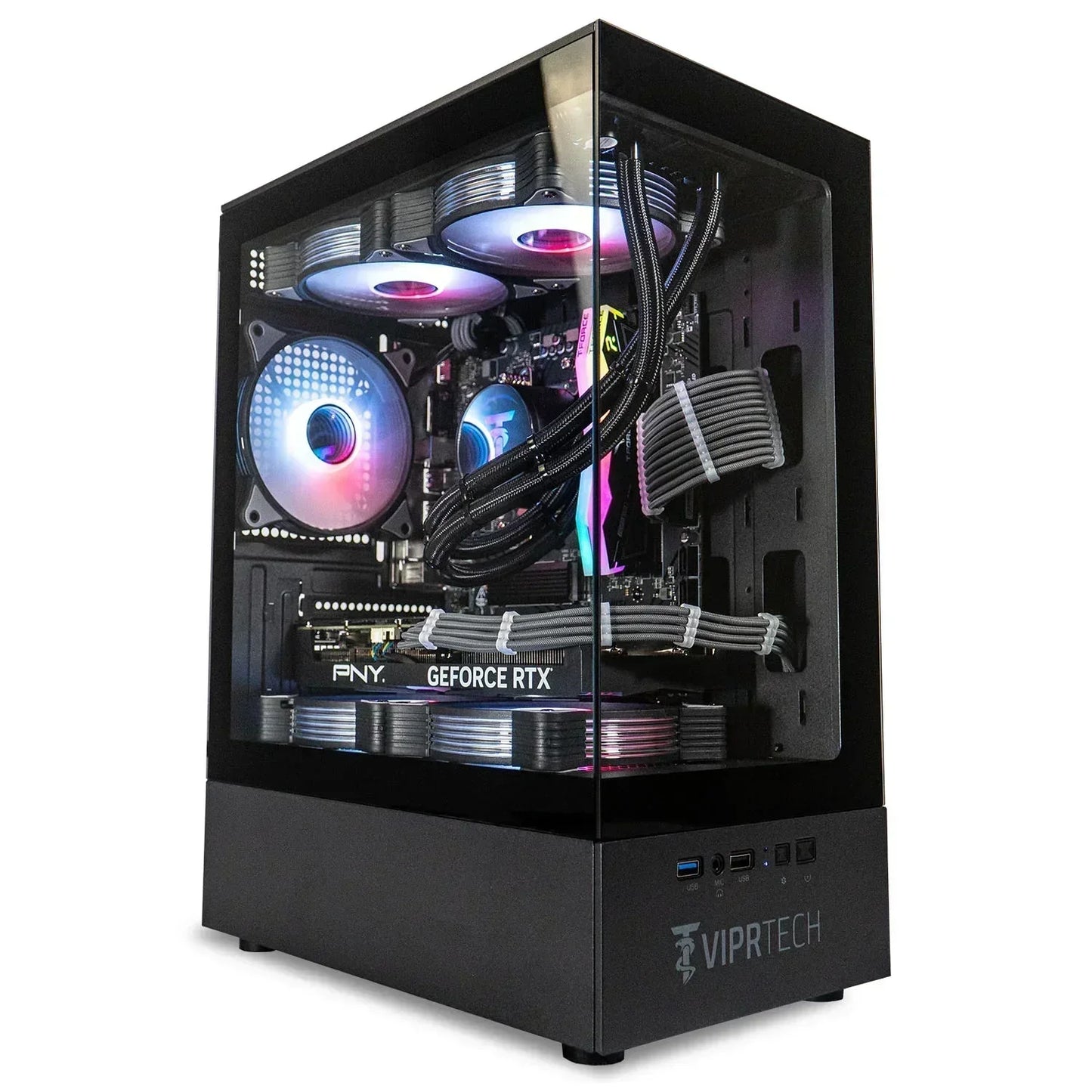 RGB gaming PC with glass side panel, LED fans, GeForce RTX graphics card, and modern case