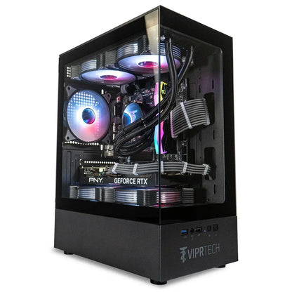 RGB gaming PC with glass side panel, LED fans, GeForce RTX graphics card, and modern case