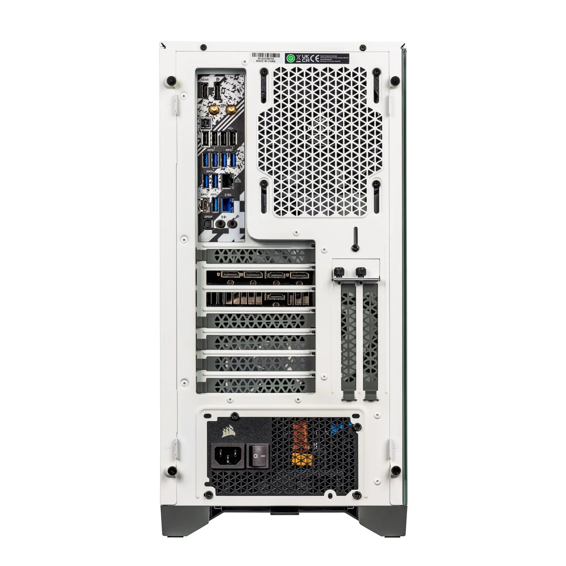 Back view of white gaming PC case showing multiple USB, HDMI ports, cooling fan, and power supply unit