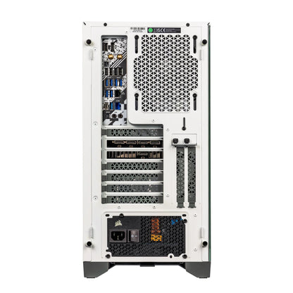 Back view of white gaming PC case showing multiple USB, HDMI ports, cooling fan, and power supply unit