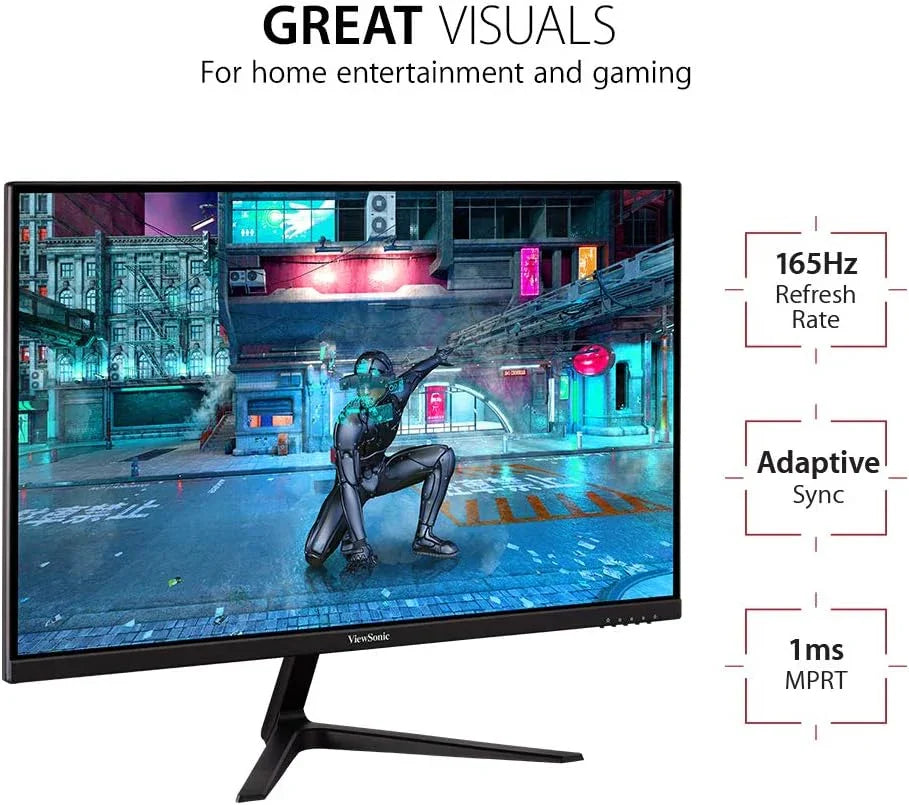 ViewSonic gaming monitor displaying futuristic robot in city, 165Hz refresh rate, adaptive sync, 1ms response