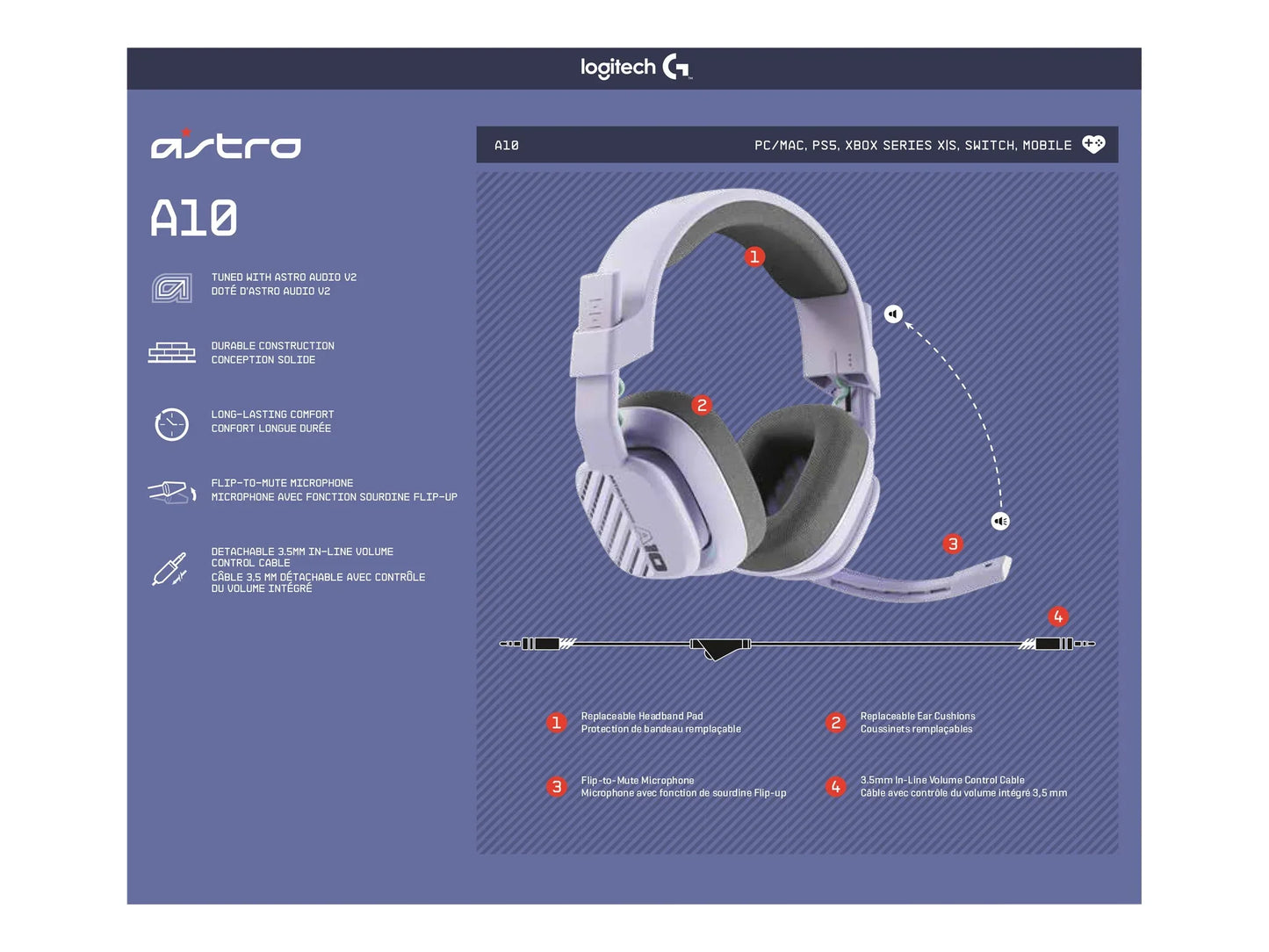 Logitech Astro A10 wired gaming headset with flip-to-mute mic, replaceable cushions, for PC, consoles