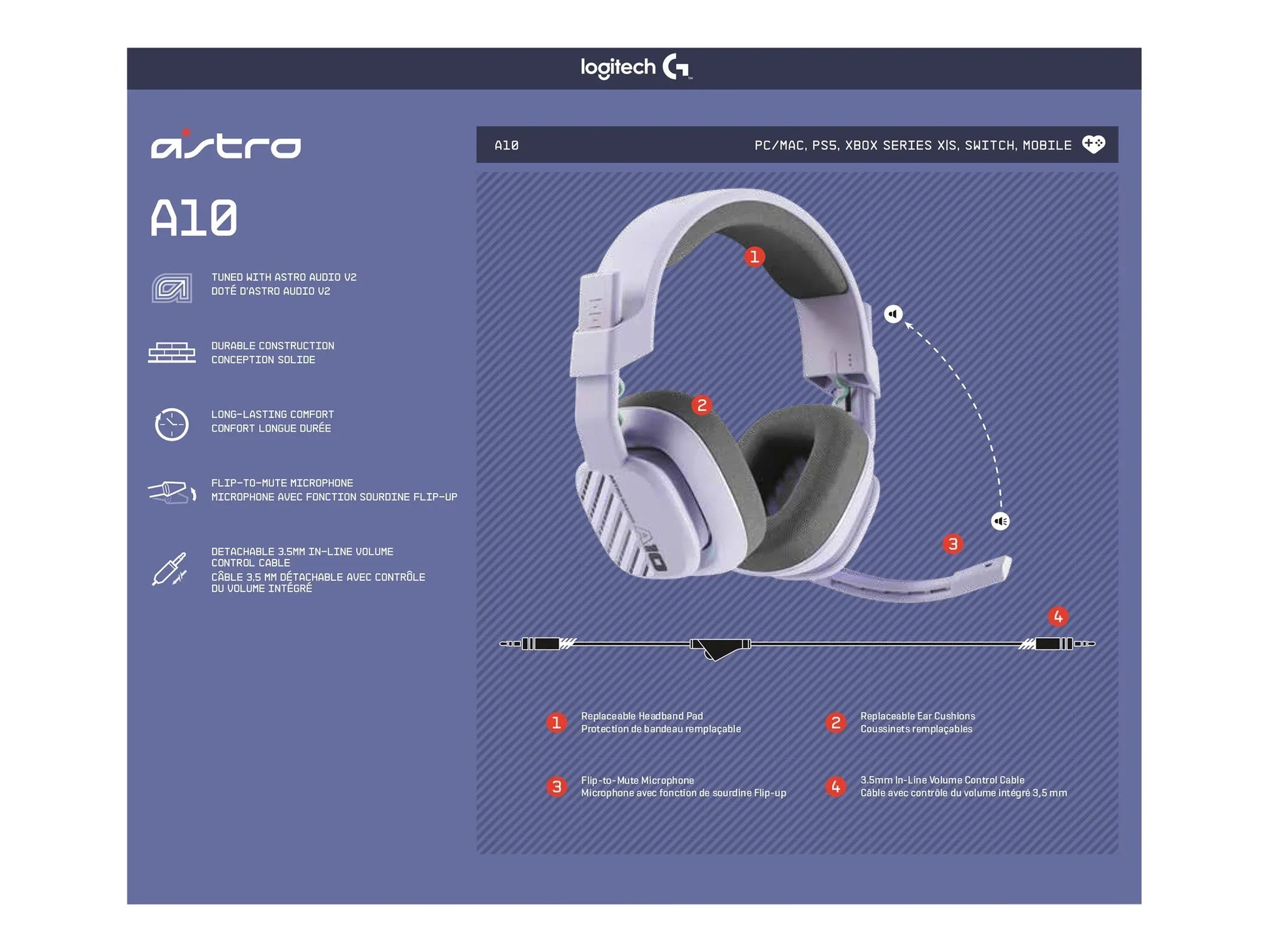 Logitech Astro A10 wired gaming headset with flip-to-mute mic, replaceable cushions, for PC, consoles
