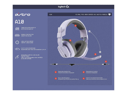 Logitech Astro A10 wired gaming headset with flip-to-mute mic, replaceable cushions, for PC, consoles