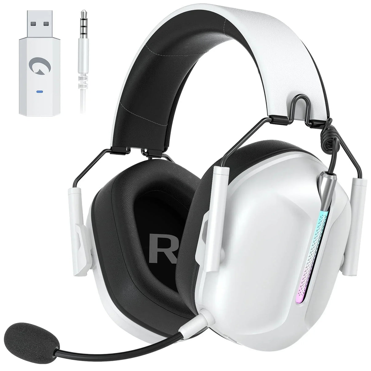 White over-ear gaming headset with black padded ear cups, adjustable mic, and USB dongle