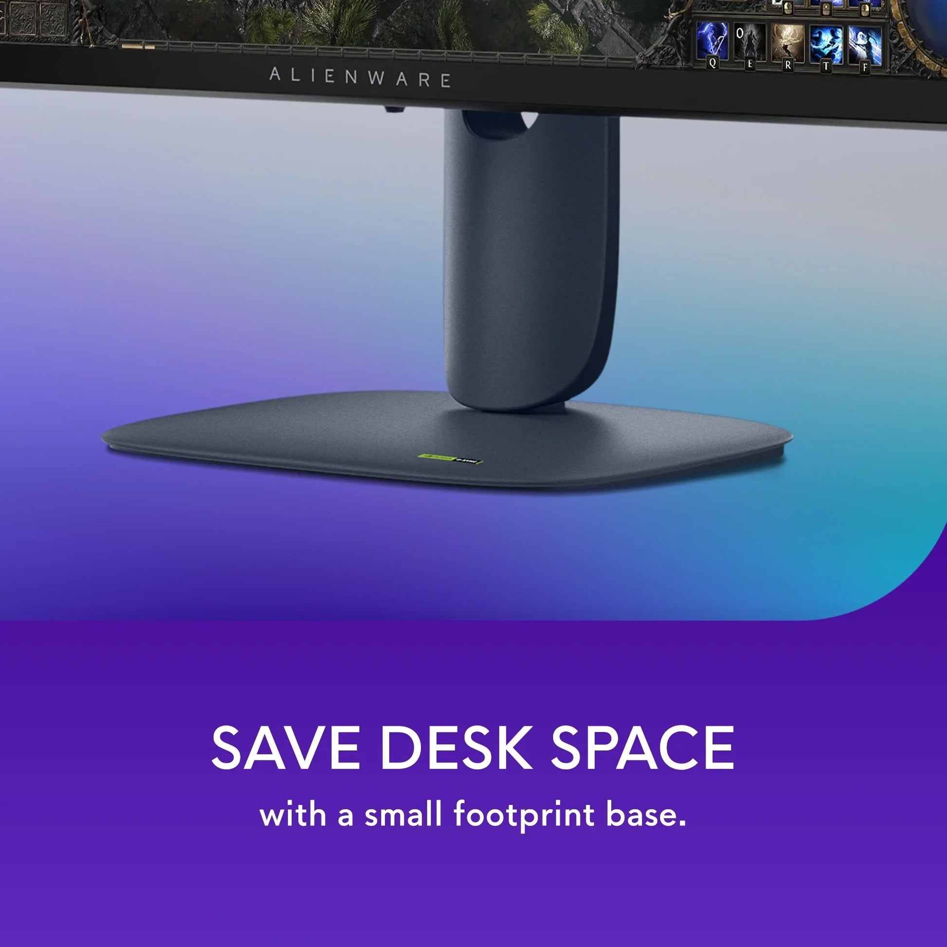 Alienware monitor stand with small footprint base saving desk space on gradient background