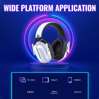 White over-ear gaming headset with black ear cushions on blue platform with neon circle, compatible with PC, Mac, tablet, mobile, Xbox, and Switch