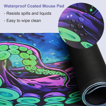 Colorful waterproof coated gaming mouse pad with vibrant octopus tentacle design, water droplets shown