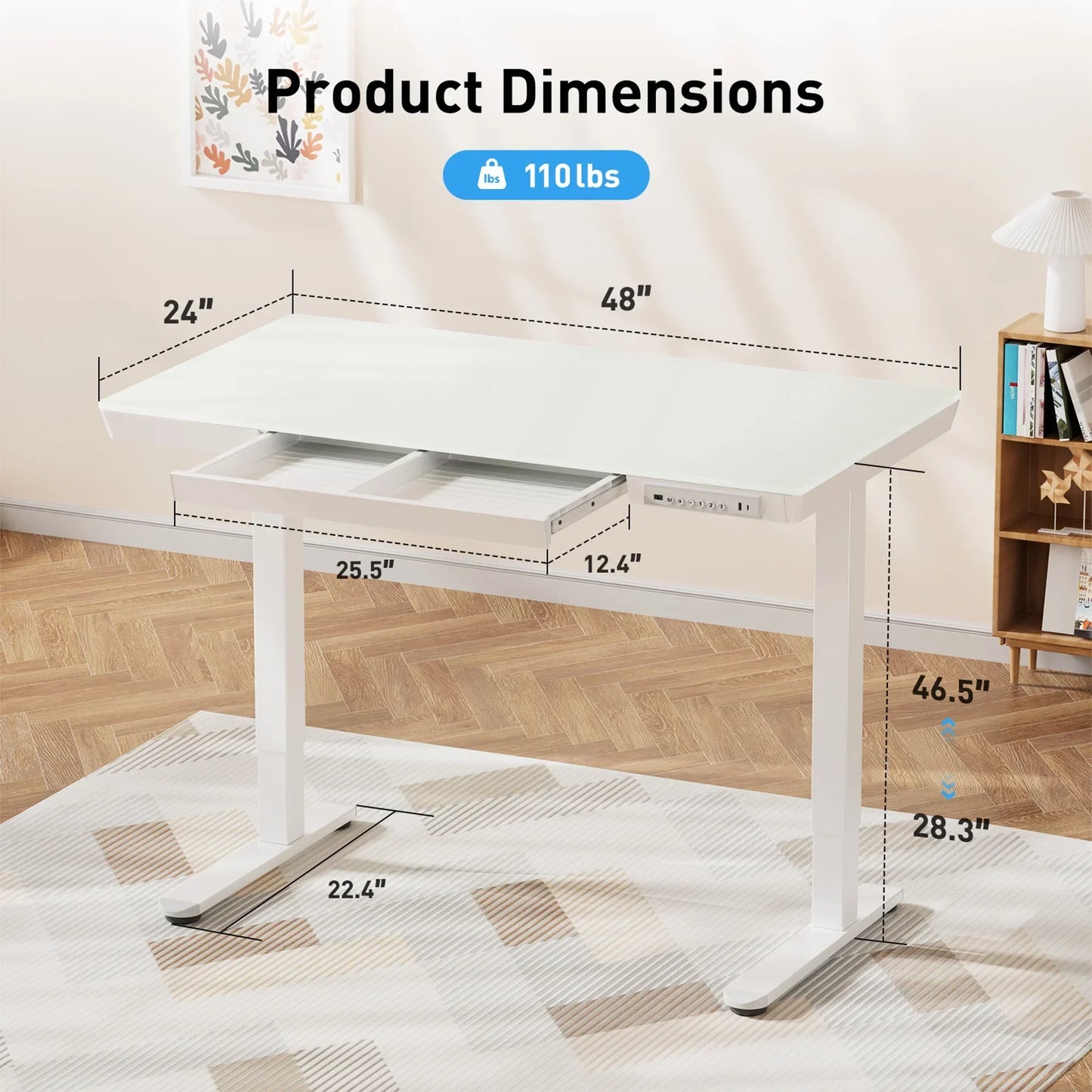 Glass Top Electric Standing Desk with Drawer, 48'' X 24'' Electric Height Adjustable Desk with USB Charging Ports, Sit Stand up for Home Office
