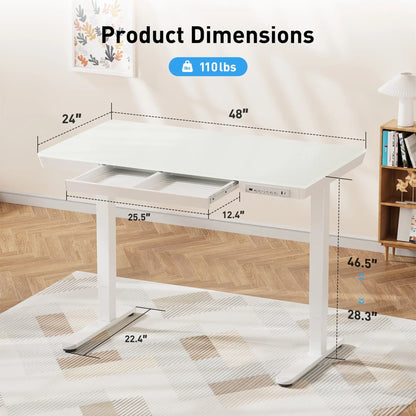 Glass Top Electric Standing Desk with Drawer, 48'' X 24'' Electric Height Adjustable Desk with USB Charging Ports, Sit Stand up for Home Office