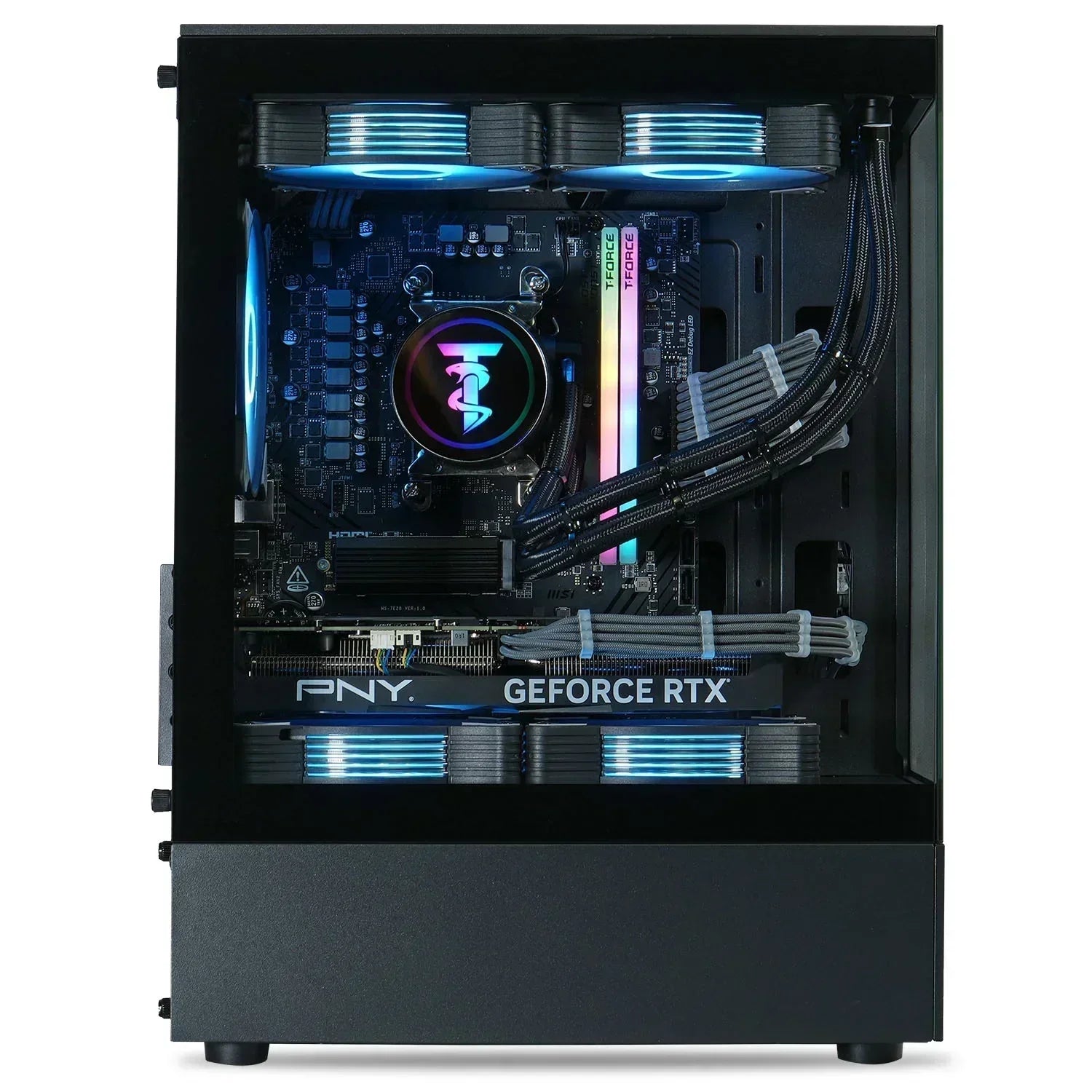 Gaming PC with RGB lighting, GeForce RTX graphics card, and sleek cable management
