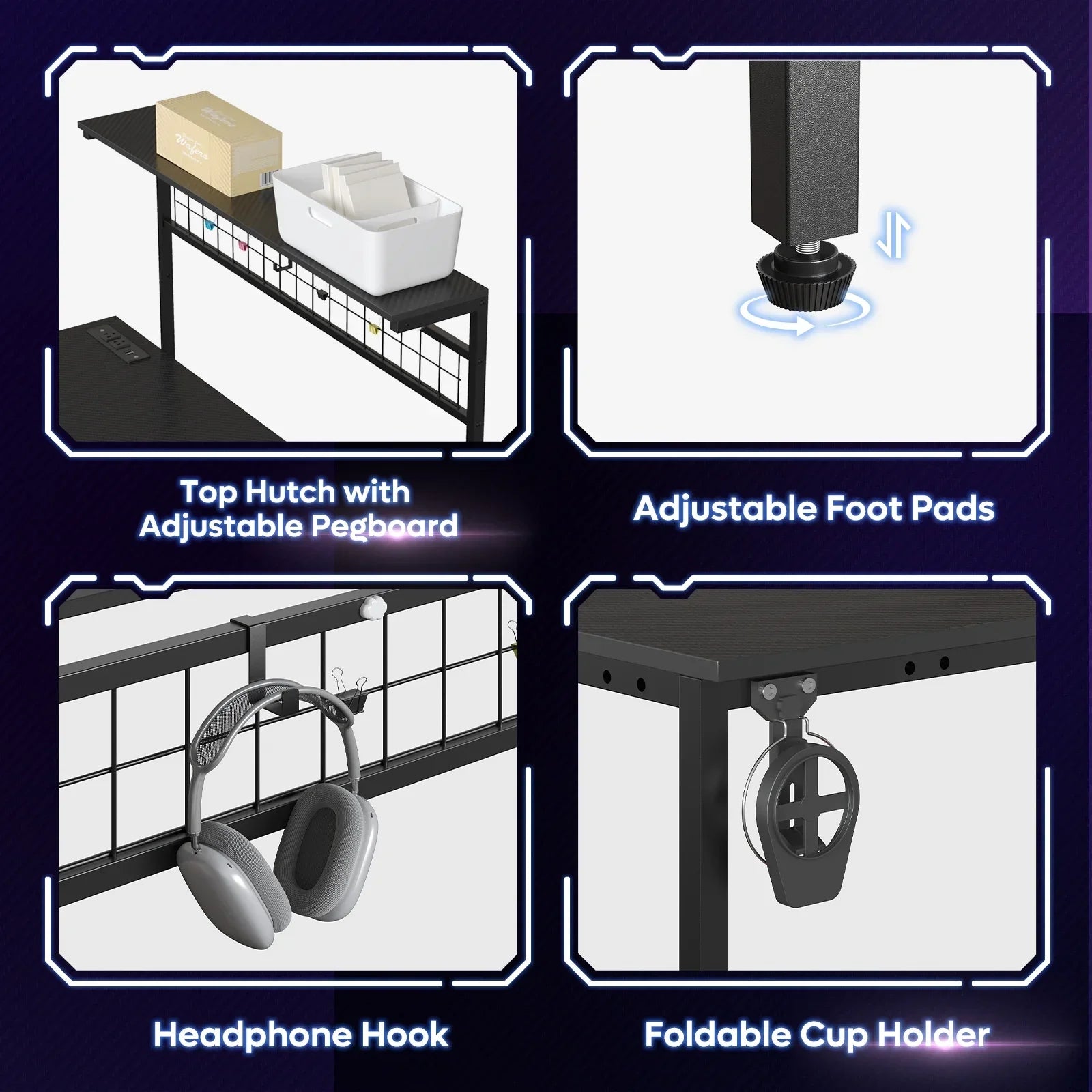 Black desk features top hutch with pegboard, adjustable foot pads, headphone hook, and foldable cup holder