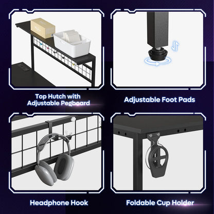 Black desk features top hutch with pegboard, adjustable foot pads, headphone hook, and foldable cup holder