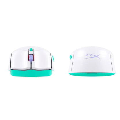 white and teal HyperX gaming mouse front and rear views with lavender scroll wheel and side buttons