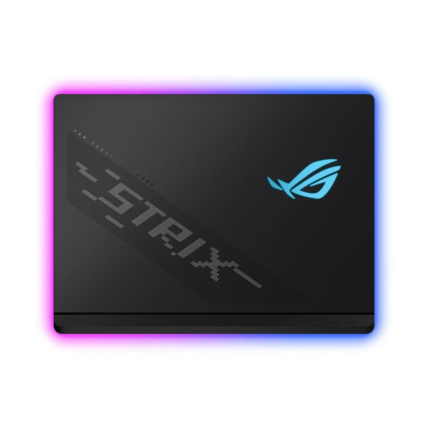 Black gaming laptop with RGB backlit edges and pixelated STRIX logo on lid
