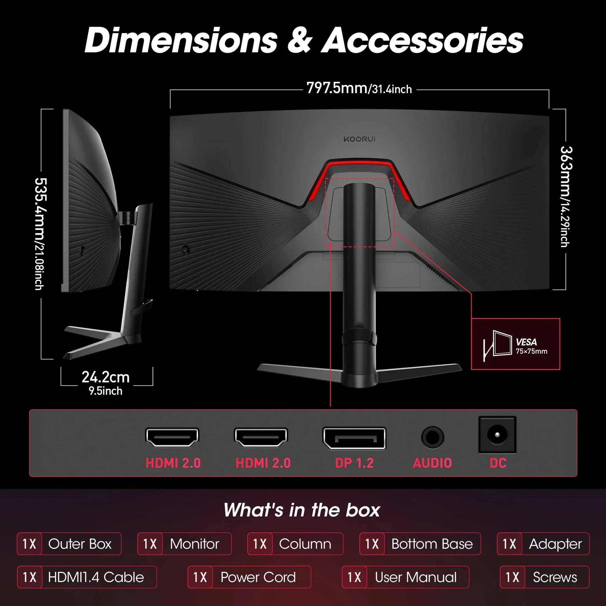 KOORUI curved monitor rear view with dimensions and ports HDMI 2.0, DP 1.2, audio, VESA mount 75x75mm