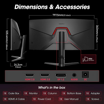 KOORUI curved monitor rear view with dimensions and ports HDMI 2.0, DP 1.2, audio, VESA mount 75x75mm