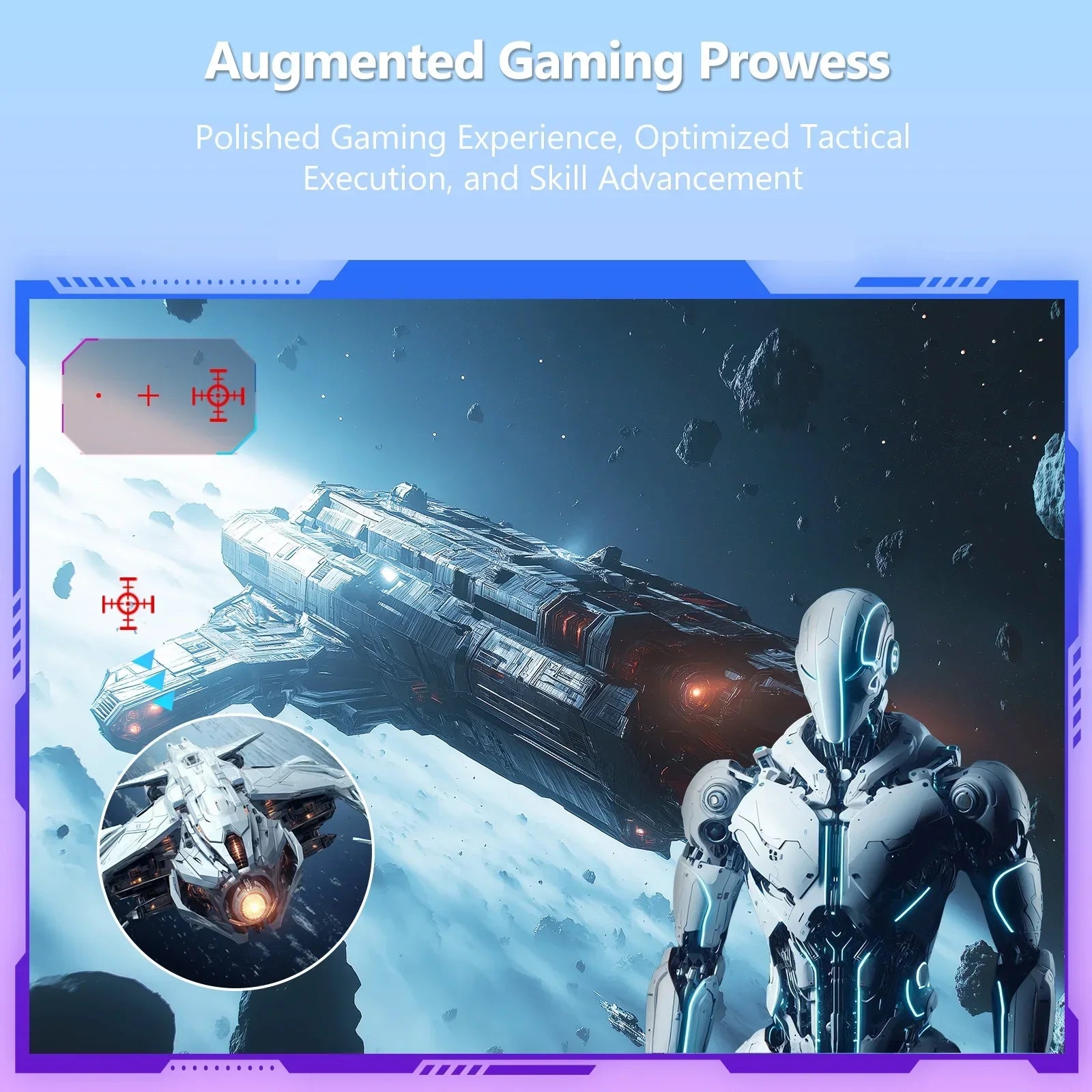 Futuristic space scene with a robotic figure and a large spaceship amid asteroids, highlighting augmented gaming prowess