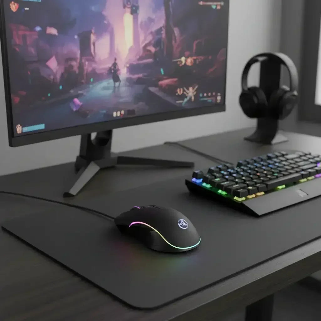 Gaming setup with RGB mouse, mechanical keyboard, large monitor showing fantasy game, and headphone stand
