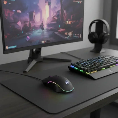 Gaming setup with RGB mouse, mechanical keyboard, large monitor showing fantasy game, and headphone stand