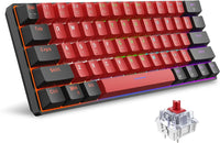 Mechanical gaming keyboard with black and red keycaps, RGB backlighting, and a red mechanical switch close-up