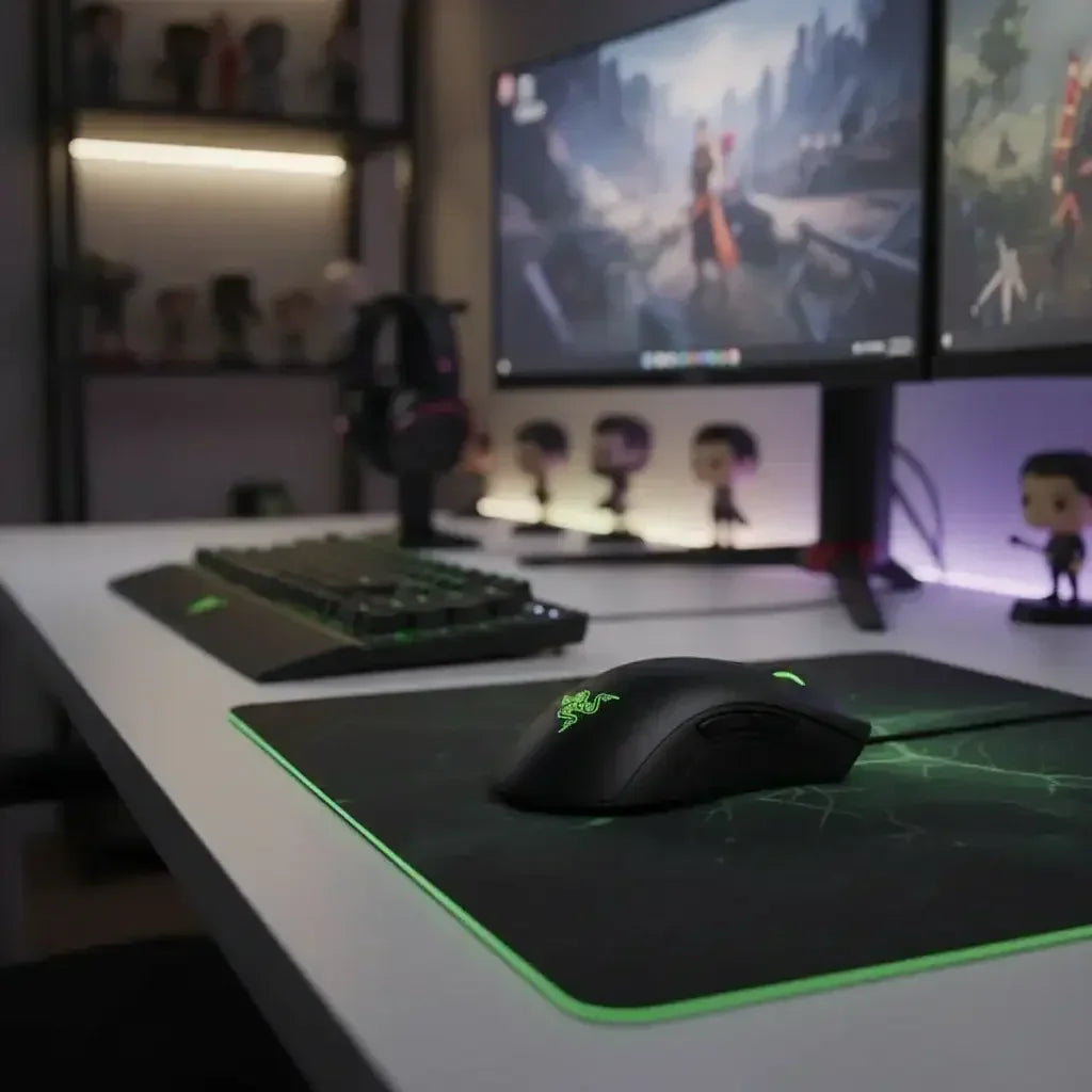 Gaming setup with Razer mouse on green-lit mousepad, mechanical keyboard, dual monitors, and headphones