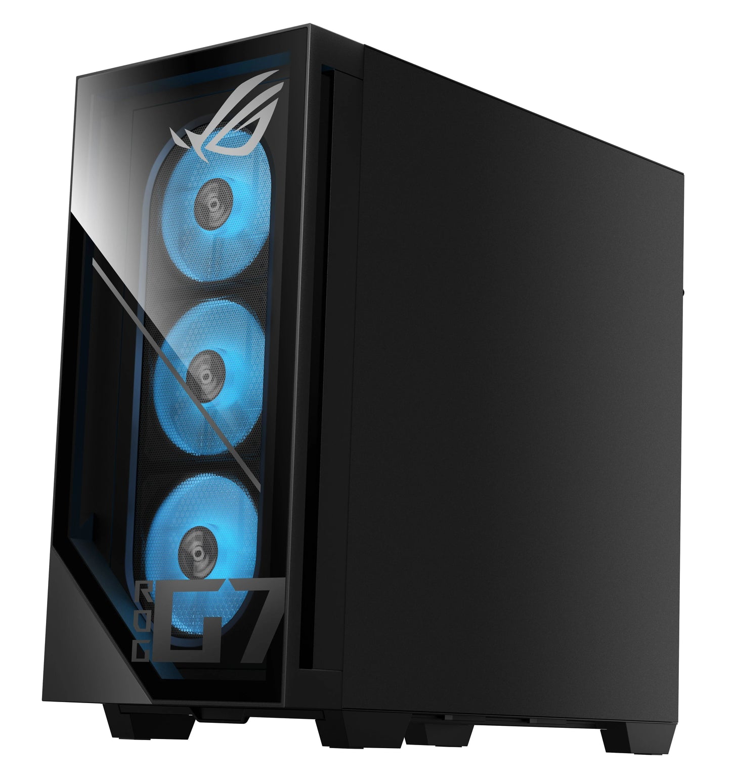 Black gaming PC tower with three blue RGB-lit fans visible through tempered glass front panel, featuring ROG branding