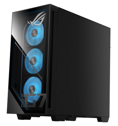 Black gaming PC tower with three blue RGB-lit fans visible through tempered glass front panel, featuring ROG branding