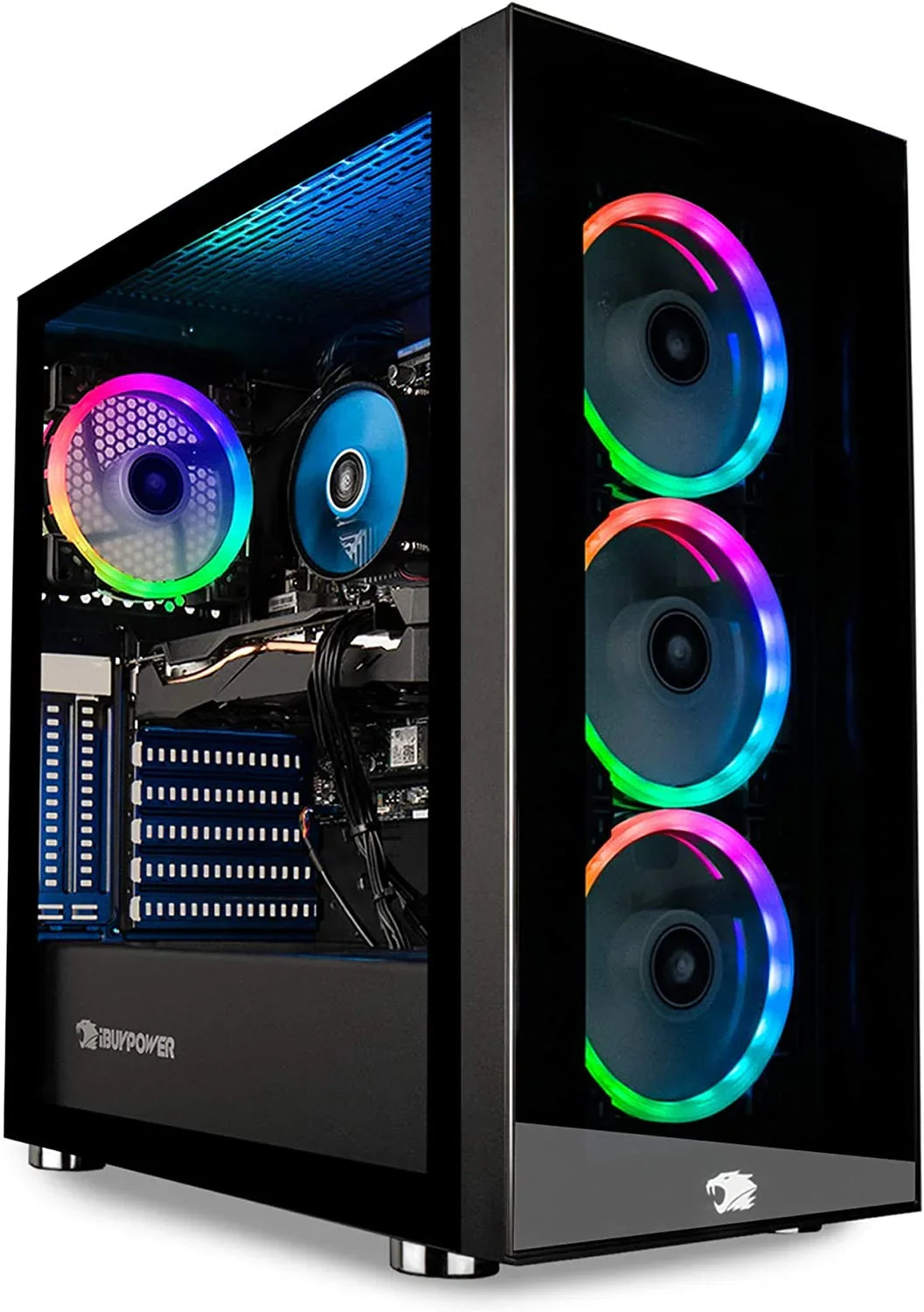 iBUYPOWER gaming PC with RGB-lit cooling fans inside a sleek black case featuring tempered glass panels