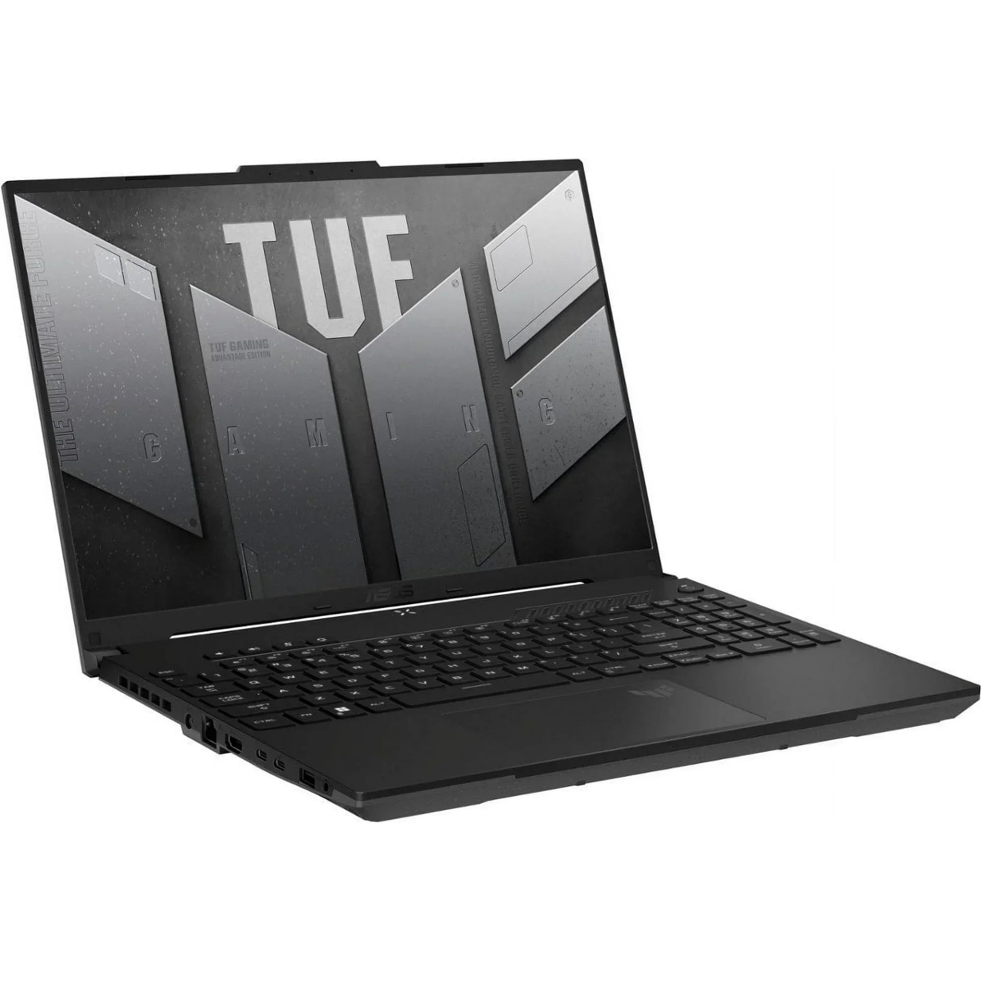 ASUS TUF gaming laptop open, angled view, black design, backlit keyboard, game-ready display