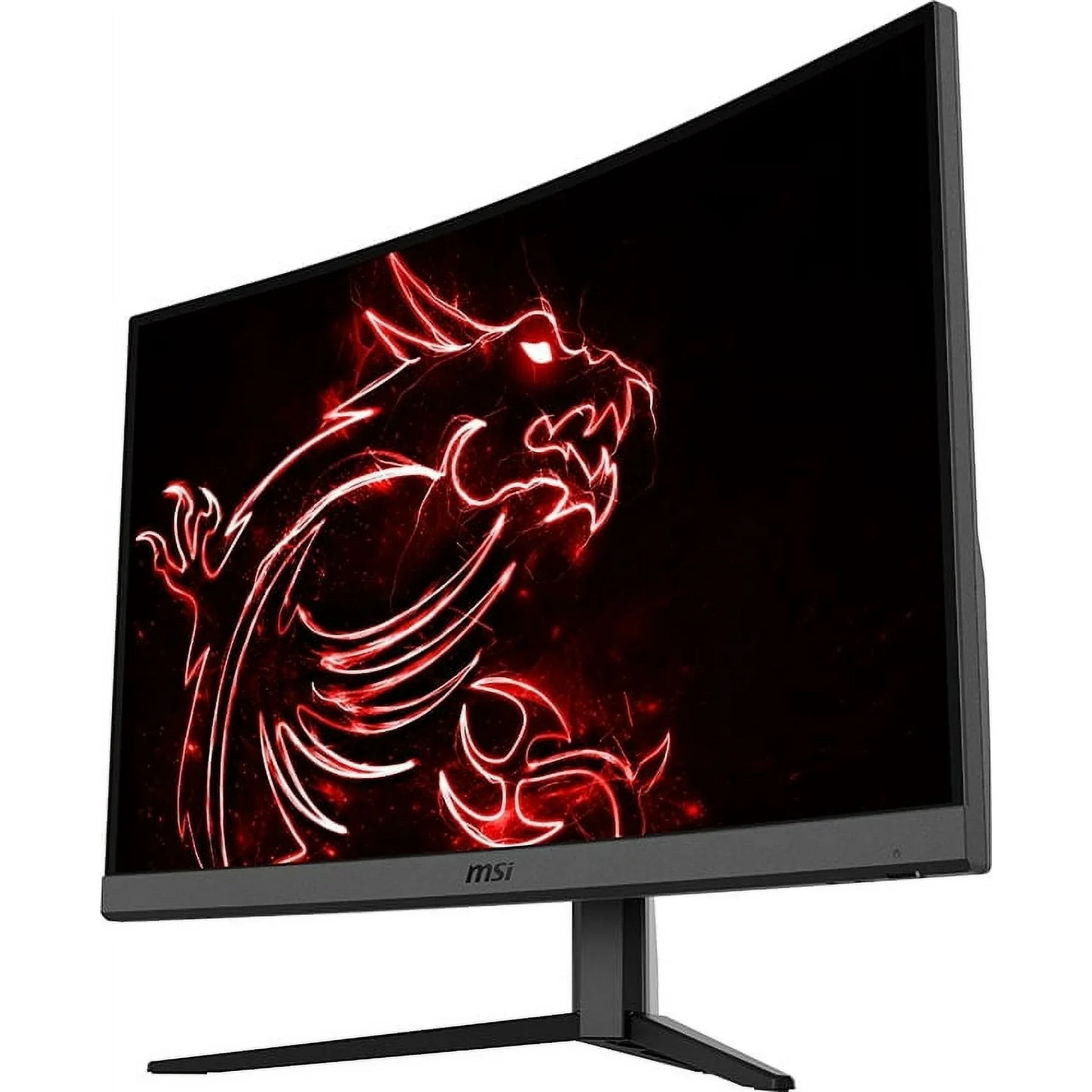MSI gaming monitor with curved screen and red glowing dragon graphic on display