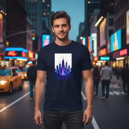 Man wearing navy t-shirt with neon city skyline graphic, standing on busy city street at dusk