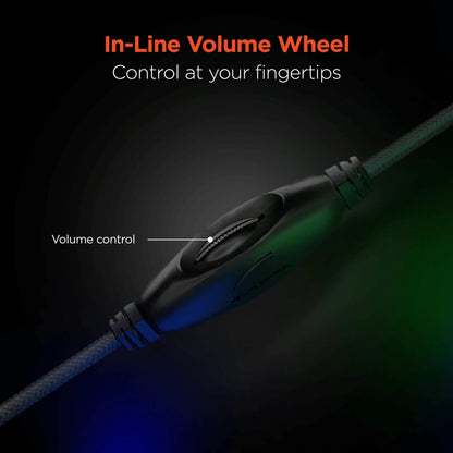 Black in-line volume wheel control on braided cable with text 'Control at your fingertips'