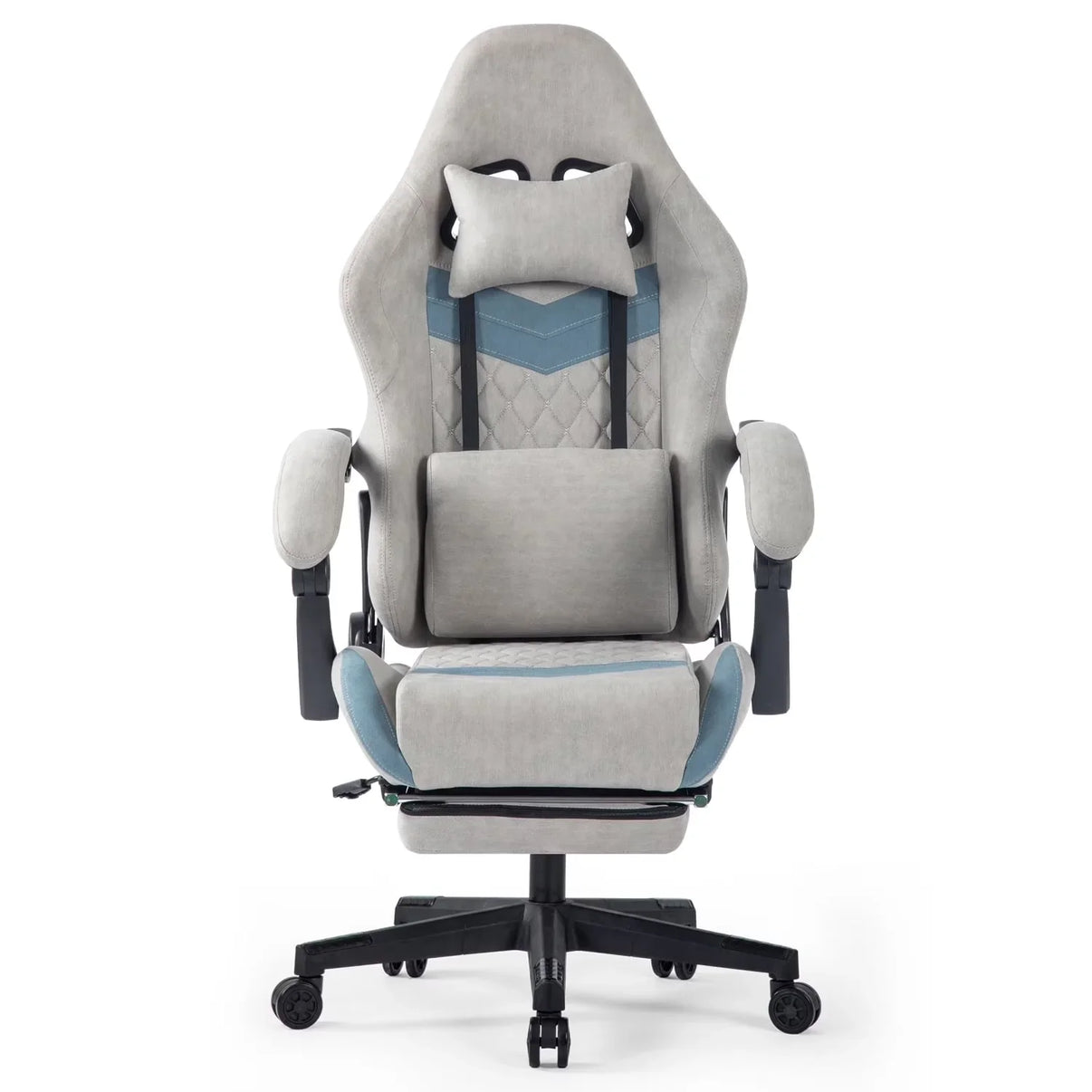 Ergonomic gray and blue gaming chair with padded armrests, lumbar and neck cushions, and caster wheels