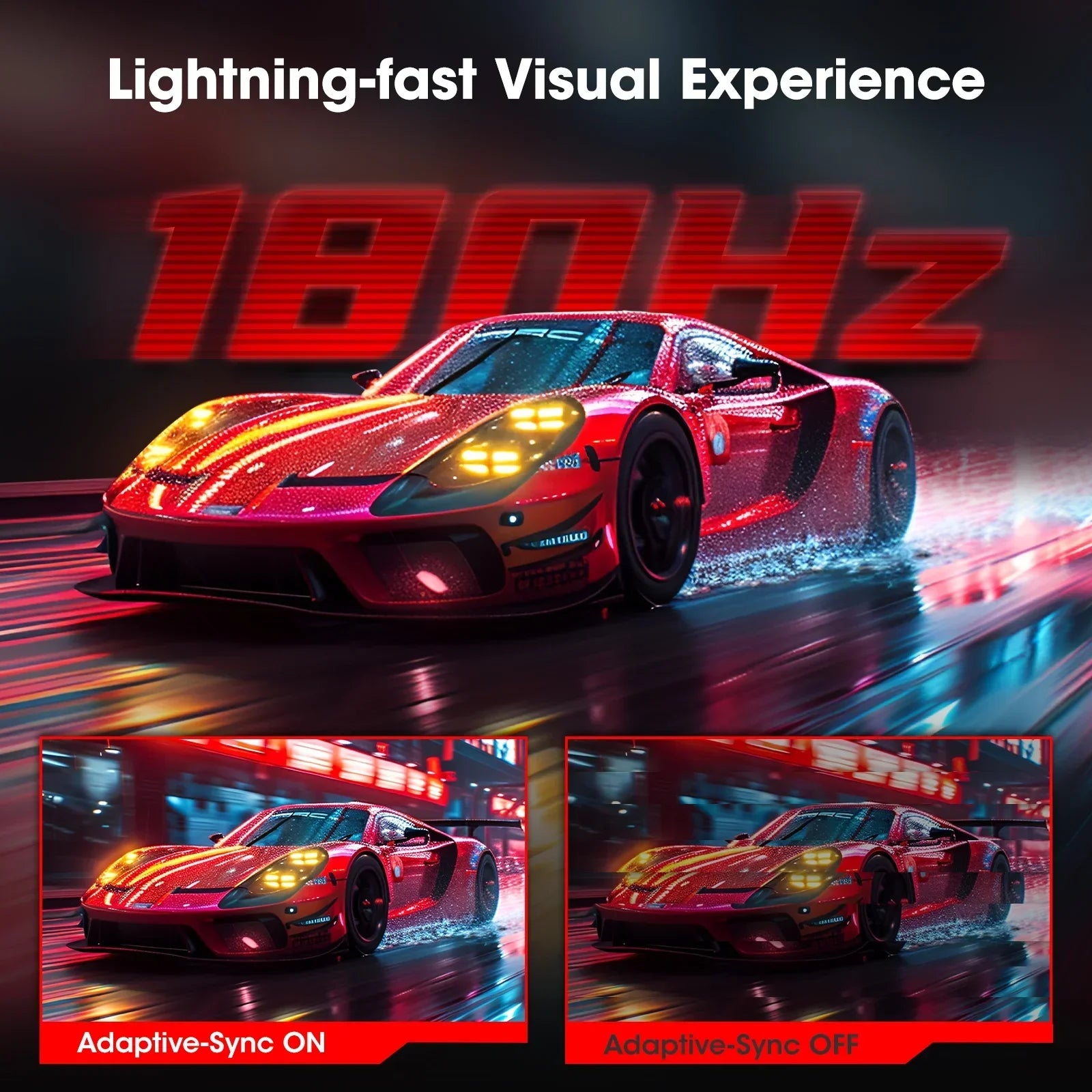 Red sports car racing on wet track at night with 180Hz display and Adaptive Sync on/off comparison